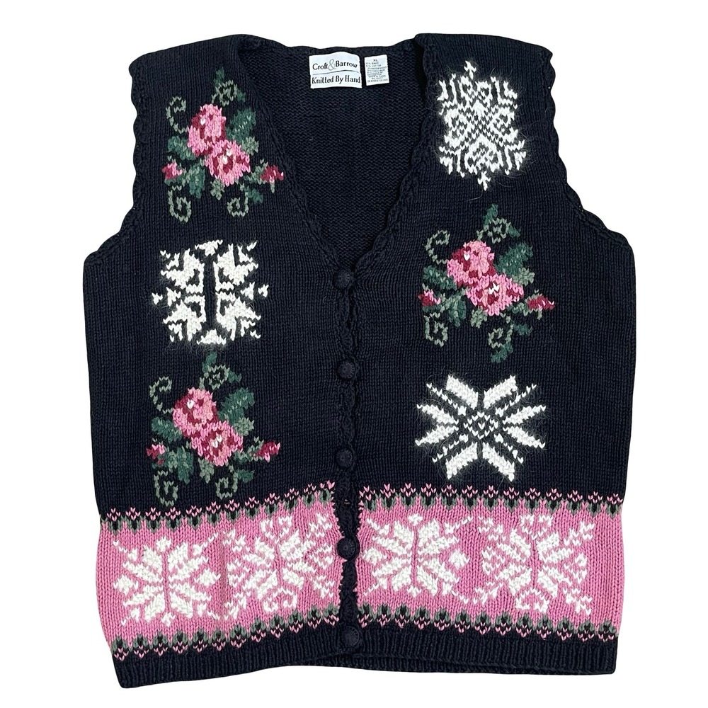 Vintage Croft & Barrow Sweater Vest XL Black Pink Floral Snowflake Hand Knit